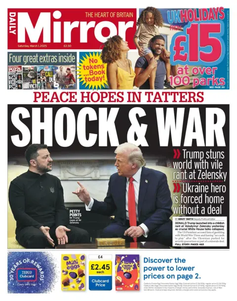 The headline on the front page of the Daily Mirror reads: "Shock and War"