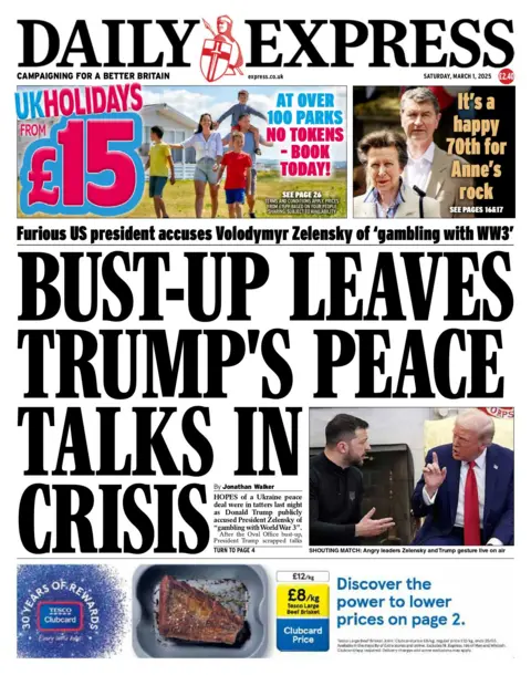 The headline on the front page of the Daily Express reads: "Bust-up leaves Trump's peace talks in crisis"