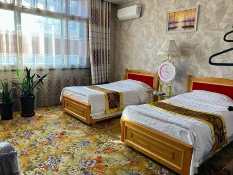 Joe Smith A hotel room with two beds, yellow floral carpet, potted plants, a framed landscape picture and windows with decorative blinds