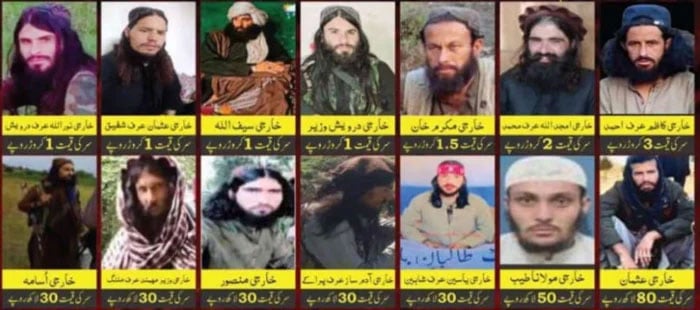 A combination of handout pictures released by the Counter Terrorism Department (CTD) on March 1, 2025, shows photographs of 14 terrorists. — CTD