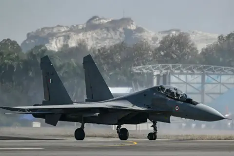 AFP The Indian Air Force (IAF) Sukhoi Su-30MKI fighter jet prepares to take off during Aero India 2025, a military aviation exhibition at the Yelahanka Air Force Station in Bengaluru on February 13, 2025.