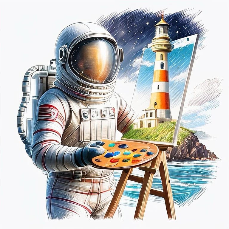 An Apple Intelligence generated drawing of an astronaut painting a lighthouse.