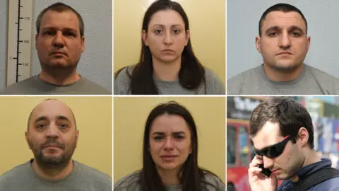 Metropolitan Police Handout and Social Media Clockwise, from Top Left: Mugshot of Orlin Roussev, Mugshot of Katrin Ivanova, Mugshot of Ivan Gisanov, Tihomir Ivanchev, Mugshhhhhhhhhhhhhhh Dzhambazov.