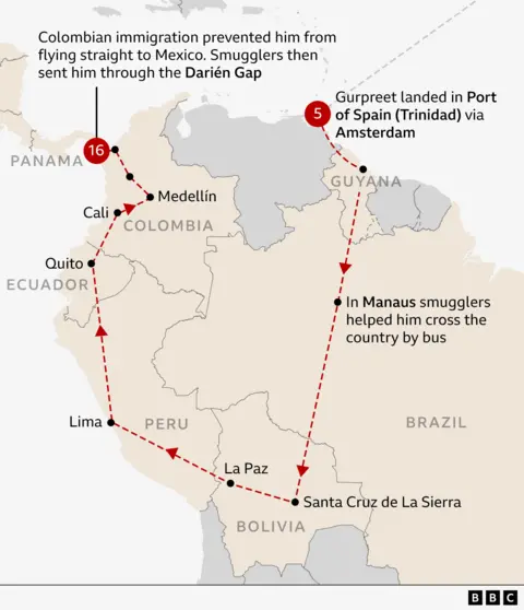 Map showing Gurpreet's journey from his arrival in Trinidad and Tobago from Amsterdam, onto Guyana and then south to Manaus in Brazil, where smugglers helped him travel further south to Bolivia. He then travelled northwards along the western side of South America, through Peru, Ecuador and into Colombia. But immigration officials prevented him from flying to Mexico and so he had to travel on foot through the Darién Gap.