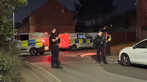 Three police officers can be seen standing on the street, with two police vans behind them. It is dark, and one van has its brake lights on. Two police officers are wearing a black uniform with black caps on. A third is slightly in the background facing away, wearing a yellow fluorescent vest. 