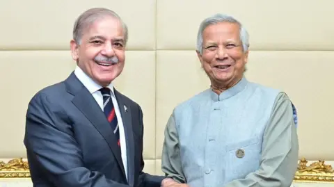 X/Shehbaz Sharif In this handout photo released by Pakistan's Press Information Department (PID), Pakistan's Prime Minister Shehbaz Sharif (L) shakes hands with Bangladesh's interim leader Muhammad Yunus during a bilateral meeting on the sidelines of the D-8 summit in Cairo on December 19, 2024. 