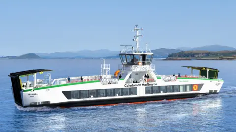 Navalue A small double ended ferry with a wheelhouse in the centre. It is black and white with words and logo of Caledonian MacBrayne on the side. 