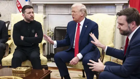 EPA Ukranian President Volodymyr Zelensky, US President Donald Trump and Vice-President JD Vance seen seated on chairs in the Oval Office during a heated exchange