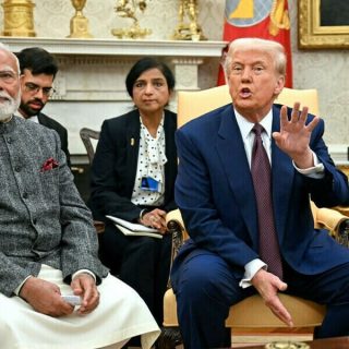 us president donald trump speaks with the press as he meets with indian prime minister narendra modi in the oval office of the white house in washington dc on february 13 2025 photo afp