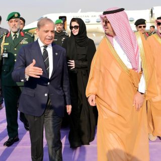 deputy governor of makkah prince saud bin mashal bin abdul aziz al saud welcomes prime minister shehbaz sharif upon his arrival in jeddah on march 19 2025 photo pid