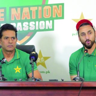 interim head coach aqib javed and t20i captain salman ali agha address the media in lahore photo pcb