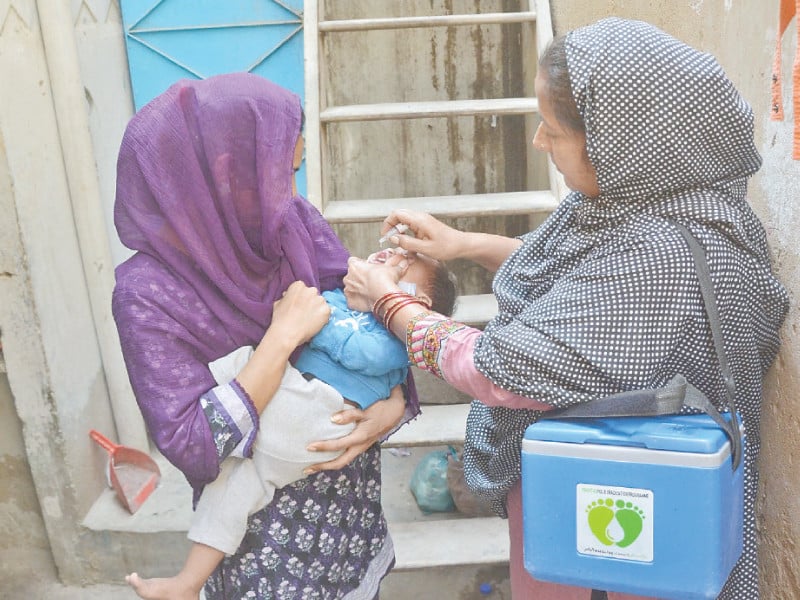 a health worker administers anti polio drops to a child marking the launch of the latest anti polio campaign in the city photo jalal qureshi express